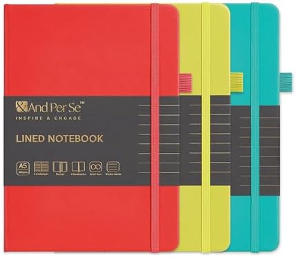 &And Per Se Lined Notebooks 3-Pack Gift Set, A5 Hardcover Journals, 160 Pages 100gsm Thick Paper, 3 Assorted Colors (Red, Turquoise & Lime Green) by AndPerSe