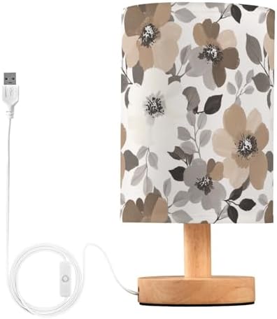 Fustylead Abstract Brown Gray and White Floral Bedside Table Lamps with USB Port for Bedroom Lamp Small Nightstand Lamp Sturdy Linen Shade Wooden Decorative Lamps for Living Room Home Dorm Kids by Fustylead