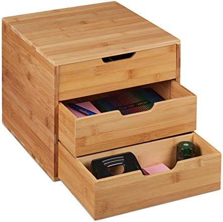Relaxdays Desk Organiser, 3, Office Utensils, Bamboo Shelf, Drawer Box, HBT 26 x 30 x 31 cm, Natural, 1 Item by Relaxdays