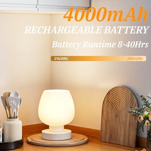 Seealle Cordless Touch Table Lamp for Nightstand - Small Bedside Lamp for Bedroom Night Stands, Desk Lamp with White Glass Shade for Small Spaces Living Room, Stepless Dimmable, LED Bulbs, Gifts - Image 3