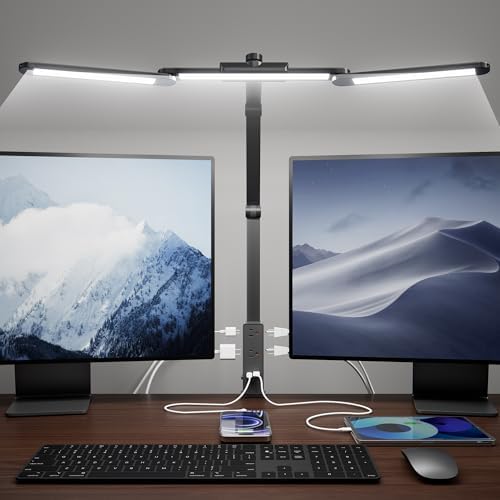 SUPERDANNY LED Desk Lamp with Power Strip (6 Outlets, 1 USB, 1 Type-C) for Home Office, Desk Light Computer Light with Clamp, Architect Desk Lamp with Smooth Dimming 5 Colors Touch & Wave Control by SUPERDANNY