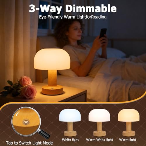 Mushroom Table Lamp - Waterproof Shower Lamps, Cordless Night Light with 3500mAh Rechargeable Battery, Stepless Dimming Desk Lamp with 3 Colors for Bedroom/Patio/Living Room - Image 3
