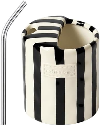 Ceramic Coffee Mugs 10 oz Retro Striped Coffee Mug No Handle with Straw by Meyerascal