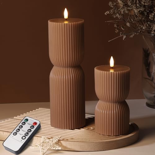 Brown Ribbed Fall Flameless Pillar Candles with Remote Set of 2 by Girimax