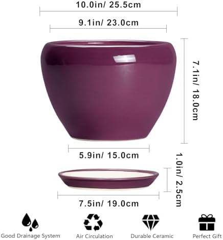Ceramicfor 10 Inch Plant Pot - Ceramic Planter with Drainage Hole and Saucer, Round Modern Flower Pot for Indoor Outdoor Plants, Housewarming Gift, Home Garden Decor, Purple - Image 3