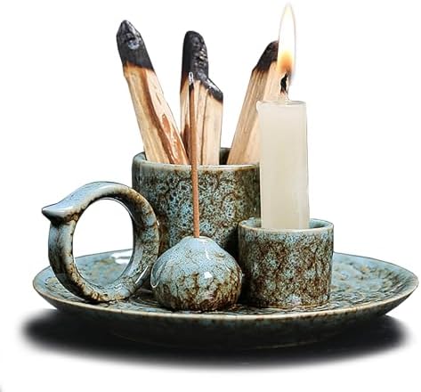 4 in 1 Ceramic Incense Burner Holder with Handle for Burning Sage, Palo Santo Stick, Joss Sticks, Candle in Your New House, Office, Yoga, Meditation Room (Speckled Blue) by YIENENG