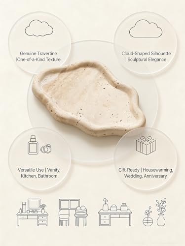 Cloud-Shaped Natural Travertine Tray – 7.68" x 5.3" Marble Vanity Organizer, Aesthetic Stone Catchall Dish for Perfume, Jewelry, Candle, Countertop Decor, Gift-Ready - Image 2