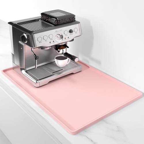 Rnivvi Silicone Coffee Mat, 16" x 24" Waterproof Raised Edge Coffee Bar Mats for Espresso Machine Station Accessories, Heat Resistant Dish Drying Pad for Kitchen Counter, Rubber Bar Decor Pad, Pink by Rnivvi