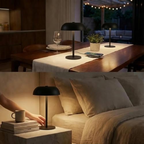 2 Pack Portable LED Mushroom Table Lamp, Metal Cordless Desk Night Light, Stepless Dimming Touch Lamp with 3 Colors for Bedroom Bedside Restaurant Bar, Black - Image 5
