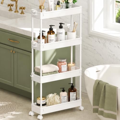 SPACEKEEPER Slim Rolling Storage Cart, 4 Tier Bathroom Cart Organizer,White by SPACEKEEPER