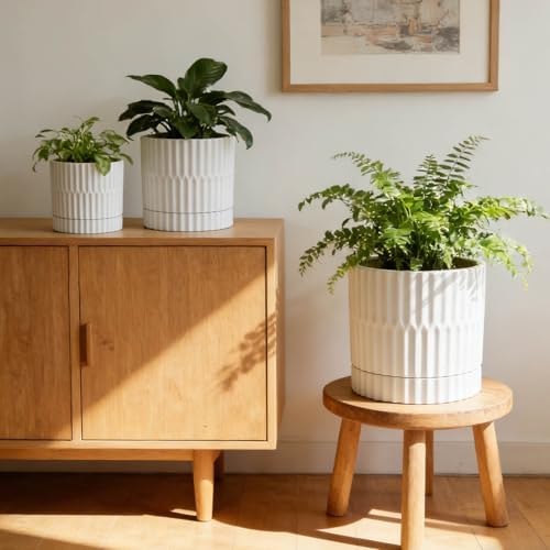 HASENSE Ceramic Plant Pots Set of 3, 8/6/4.6 Inch Cylinder Flower Planters with Drainage Saucers, Vertical Ribbed Modern White for Home Office & Outdoor Plants - Image 3