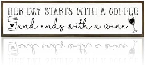 Coffee Wood Signs, Farmhouse Home Kitchen Decor, Rustic Coffees Bar Decors, Wall Decor Art, Her Day Starts with A Coffee & Ends with A Wine Sign, 17.8x4x1.2 inches by WKYAER