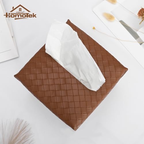 HOMOTEK 1 Pack Tissue Box Cover, Square PU Leather Tissue Holder, Decorative Facial Tissue Cube Paper Organizer Dispenser for Bathroom, Night Stands, Desk, Car 5X5X5'' - Woven Waffle,Chocolate - Image 2