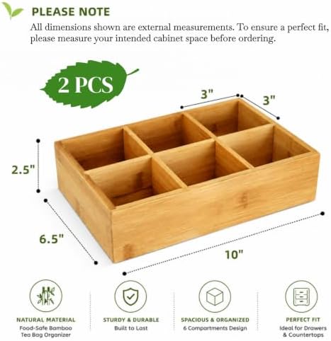Dicunoy 2 Pack Bamboo Tea Bag Organizers, Wood Tea Bag Storage for Drawers with 6 Roomy Compartments, Sturdy Tea Chest Boxes for Shelf, Coffee Station, Sugar Packet, Sweeteners, Small Packets - Image 3
