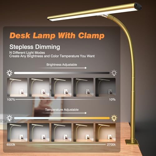 Airlonv LED Desk Lamp with Clamp, 17" Stepless Dimming Light, Gold - Image 2