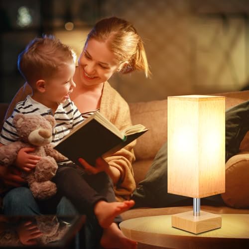 Wood-Grain Small Bedside Lamp for Bedroom - Square Cream Fabric Shade - Image 5