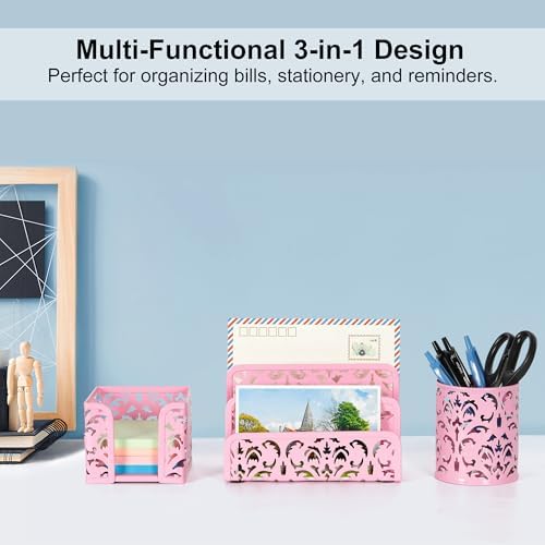 EasyPAG Desk Organizers and Accessories 3 Pieces Office Organizer Set - Pen Holder for Desk, Mail Sorter Countertop and Sticky Note Holder, Pink - Image 2