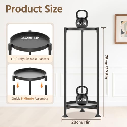 LASZOLA Metal Plant Stand Indoor Tall with 11 Inch Large Tray 2 Tier Black - Image 3