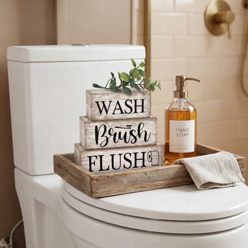 Moucuny 3 Pcs Bathroom Decor Wooden Block Signs Farmhouse Rustic - Image 4