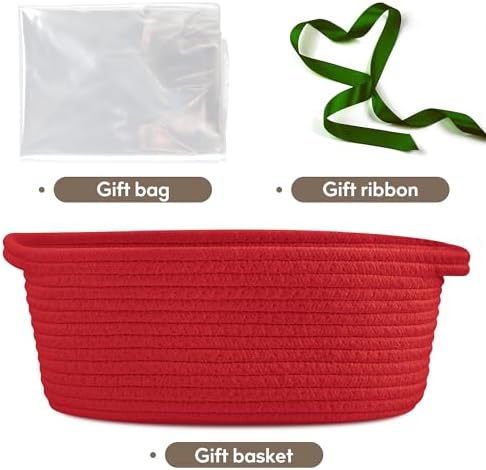 Pro Goleem Small Woven Basket with Gift Bags and Ribbons Durable Baskets for Gifts Empty Small Rope Basket for Storage 12"X 8" X 5" Baby Toy Basket with Handles, Red - Image 3