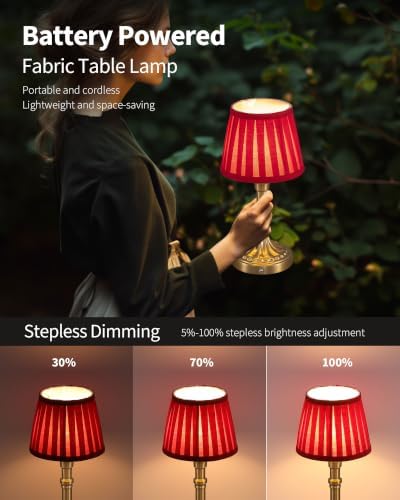 KDG Gold Cordless Table Lamps Set of 2, Red Fabric Shade Small Desk Lamp - Image 4