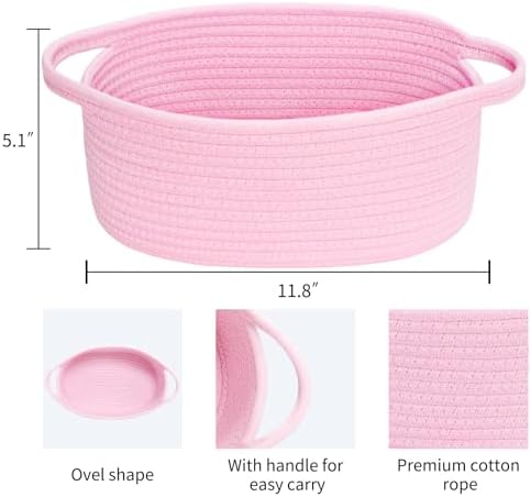 ABenkle Small Basket with Handles, Boho Decorative Rope Woven Dog Cat Toy Storage Bin Shelf Storage Organizer, Easter Christmas Gift Basket, 12"x8"x5", Pink - Image 2