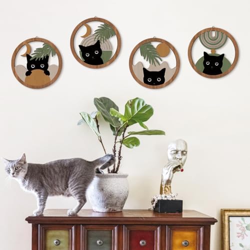 HPNIUB Abstract Mid Century Boho Black Cat Wall Decor-4 Pieces 10''x10'' Farmhouse Geometric Hanging Wooden Wall Art,Bohemian Moon and Sun Wood Sign for Nursery Bedroom Decoration, Lovely Cat Gifts - Image 6