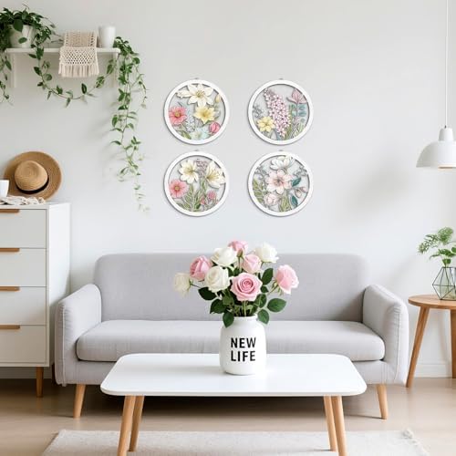 HPNIUB Boho Flower Wall Decor, Abstract Floral Market Wooden Wall Hanging Sign, 4 Pieces 10''x10'' Colorful Plant Wall Art, Minimalist Wildflower Botanical Wood Plaue for Girls Bedroom Living Room - Image 6