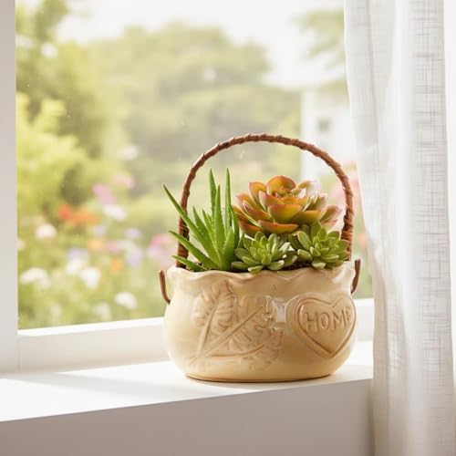 Handheld for Ceramic Succulent Planter Pots, Ceramic Plant Pot with Drainage Holes Flower Pots for Cactus, Herbs, Outdoor Plants（Does not Include Plants） (Beige) - Image 2