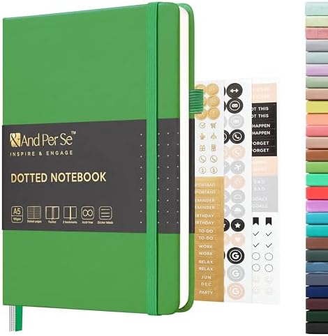 &And Per Se Dotted Journal Notebook, A5 Hardcover Leather Dotted Journal, 160 Pages 100gsm Thick Dot Grid Paper, 3 Sheets of Stickers Included - 5.7'' x 8'' (Emerald) by AndPerSe