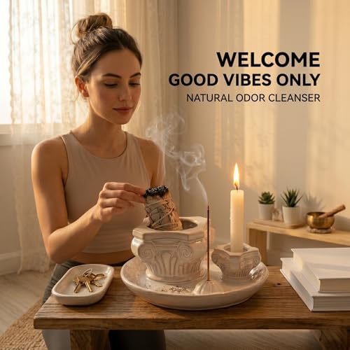 4-in-1 Ceramic Incense Holder & Ash Catcher Tray, Minimalist Burner for Palo Santo, Sage Smudge Sticks, Incense Sticks– Zen Aesthetic Home Decor for Meditation, Yoga & Desk Accessories - Image 2