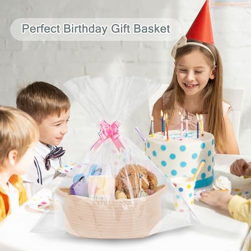 COMSE Small Woven Basket with Gift Bags and Ribbons, Gift Basket Empty, Cotton Rope Storage Organizer, Baby Toy Box with Handles, 12" x 8" x 5", Beige - Image 4