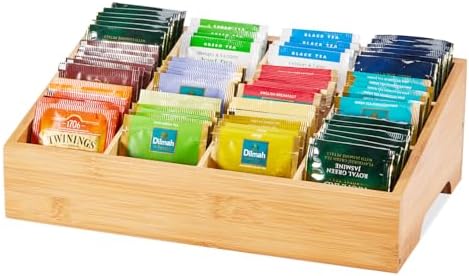 TIMIEEYA Tea Bag Organizer - Bamboo Tea Storage Organizer With 12 Compartments, 1 Layer Tea Organizer for Tea Bags Natural Bamboo for Countertop Office Kitchen Cabinet Pantry by TIMIEEYA