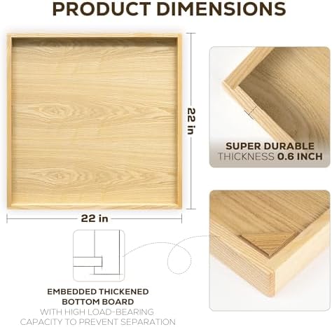 Axeman 22 Inch Large Square Wooden Ottoman Tray for Living Room|Extra Large Serving Tray with Handles for Coffee Table, Breakfast|Decorative Wood Tray for Ottoman Couch Sofa Kitchen|Natural - Image 2