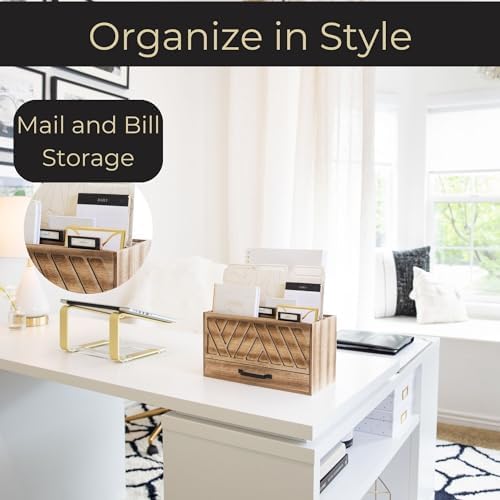 BLU MONACO | Natural Wood Desktop Mail Organizer with Drawer | Three-Tier Mail Sorter with Black Label Holders | Countertop Mail Holder & Document Storage for Home or Office - Image 2