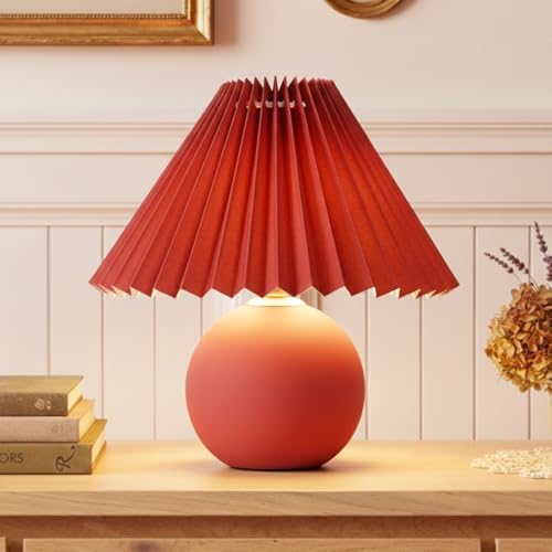 Brightech Serena LED Table Lamp - Small 10" Modern Ceramic Lamp with Pleated Shade for Bedside, Nightstand, Desk - Mini Night Light with Cozy Soft White Light for Living Room, Bedroom - Maroon Red by Brightech