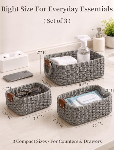 Small Wicker Baskets, 3 PCS Paper Rope Baskets for Shelves, Gray - Image 2