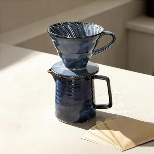 Vintage Ceramic Pour Over Coffee Maker with V60-Style Dripper and 40 Paper Filters (Blue) by Unknown