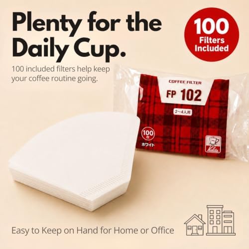 Kalita 102 Coffee Dripper Set, Pour Over Coffee Dripper, White Ceramic Dripper, FP102 Coffee Filters 100 Count, 2 to 4 Cups, Trapezoid Design, 3 Hole Flow, with Fuji Dish, Everyday Brewing Set - Image 5