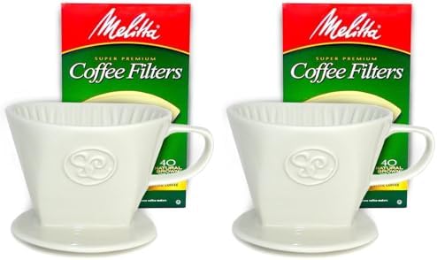 Simply Charmed Ceramic Pour Over Coffee Maker with 40 Count Melitta Filters - Elegant Single Serve Coffee Dripper for Rich Brewed Pour Over Coffee (Pack of 2) by SimplyCharmed