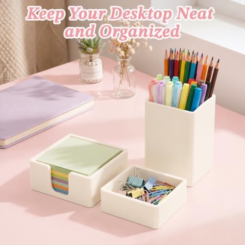 RAWILL Wood Desk Organizer Set with Sticky Note Holder, Pencil Pen Cup & Paper Clip Storage (Beige Silicone) - Image 3
