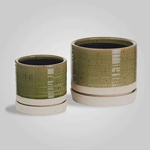 HERDUK 6 + 8 Inch Plant Pots, Ceramic Planter Pot with Drainage Hole & Saucer, Indoor/Outdoor Cylinder Round Planter Pot, Green by Herduk
