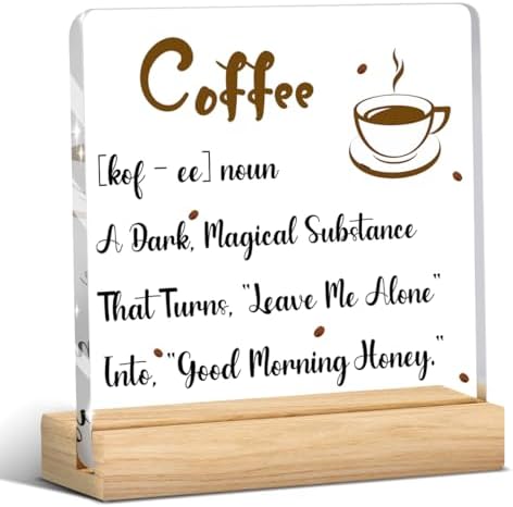 Coffee Bar Decor Sign, Coffees Nook Decoration, Cafe Station Accessories, Coffee Lover Gifts for Women Men, Funny Acrylic Gift Wood Plaque with Stand Office Farmhouse Kitchen Decor 4"x4" by Unknown