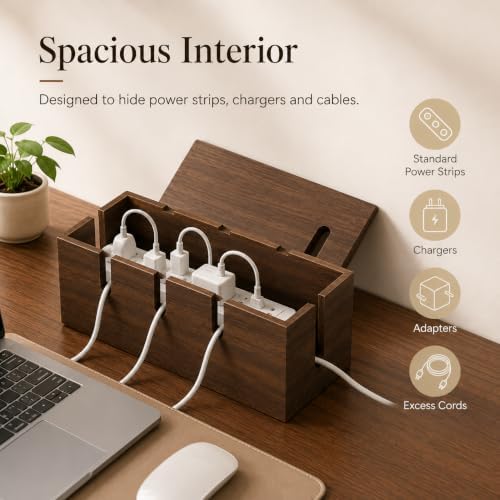 Large Wood Cable Management Box, Wooden Cord Hider Box for Power Strips, Walnut Finish Cable Organizer with 20 Reusable Ties for Desk, Floor & Home Office - Image 4