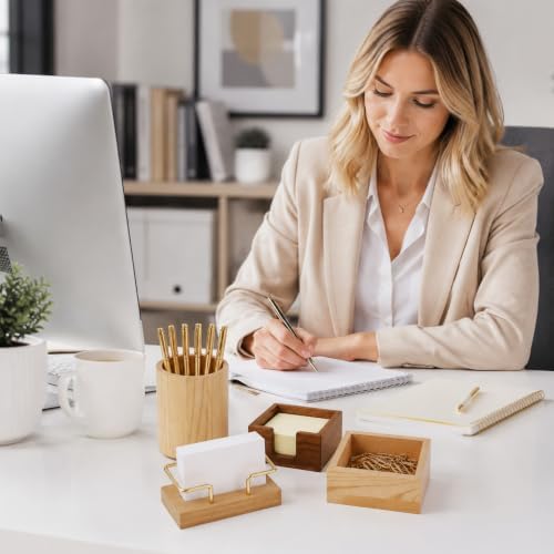 4 Set Wooden Office Desk Accessories Desktop Organizer Decor - Image 5