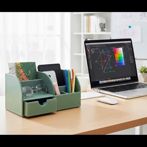 UnionBasic Desk Organizer - Multifunctional Leather Desktop Pen Holder Storage Box - Business Card/Pen/Pencil/Mobile Phone/Stationery Holder, Malachite Green - Image 7