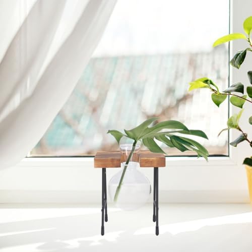 Hydroponic Flower Pot with Wooden Stand, Glass Vase for Desktop Flower Bouquets, Nordic Style Plant Propagation Container for Home and Office Décor, 1pcs Set - Image 5