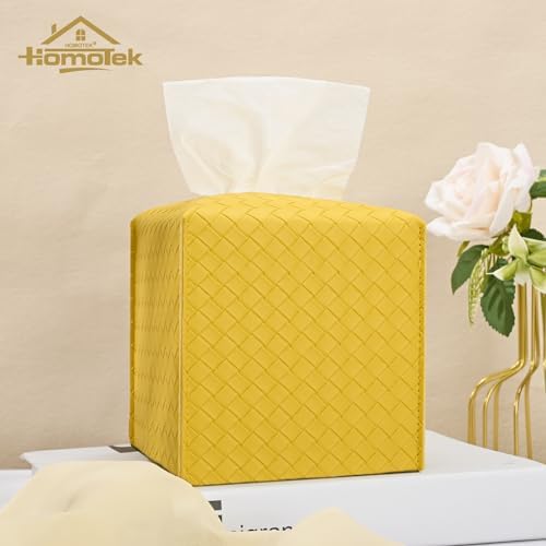 HOMOTEK 2 Pack Tissue Box Cover, Square PU Leather Tissue Holder, Decorative Facial Tissue Cube Paper Organizer Dispenser for Bathroom, Night Stands, Desk, Car 5X5X5'' - Woven Waffle,Mango Yellow - Image 5