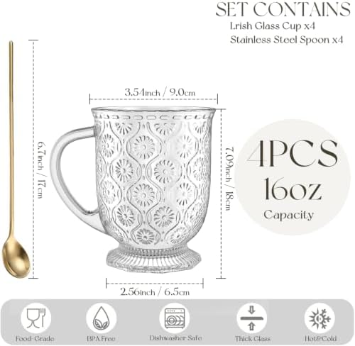 KEMORELA 16oz Vintage Glass Coffee Mugs Set,Large Tea Cups with Handle - Image 5