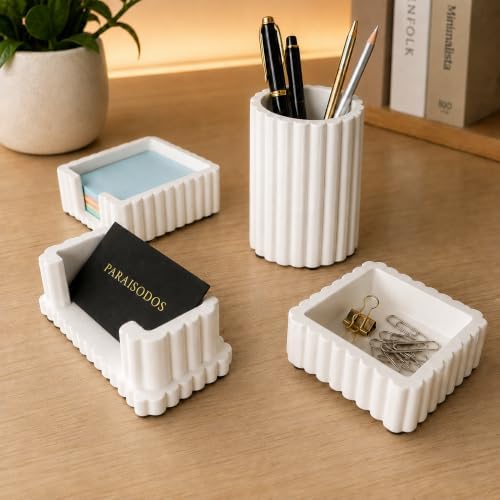 Concrete Desk Organizer Set of 4, Modern Desk Accessories, White - Image 3